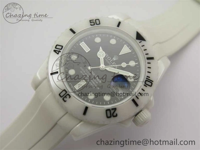 Submariner 40mm White Ceramic 5GF Best Edition Black Dial on White Rubber Strap SA3135
