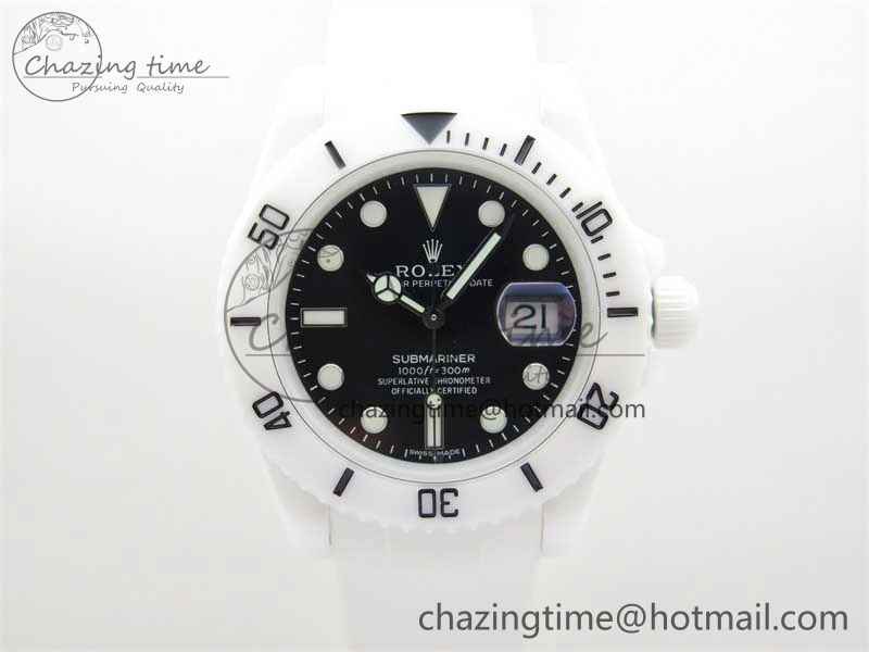 Submariner 40mm White Ceramic 5GF Best Edition Black Dial on White Rubber Strap SA3135