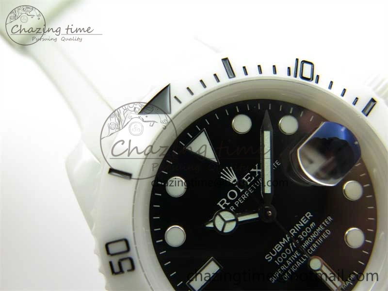 Submariner 40mm White Ceramic 5GF Best Edition Black Dial on White Rubber Strap SA3135