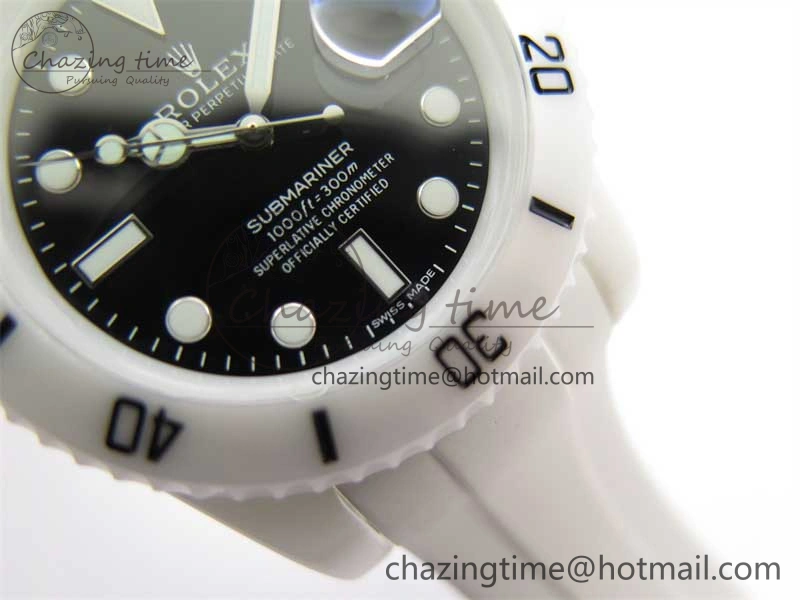 Submariner 40mm White Ceramic 5GF Best Edition Black Dial on White Rubber Strap SA3135