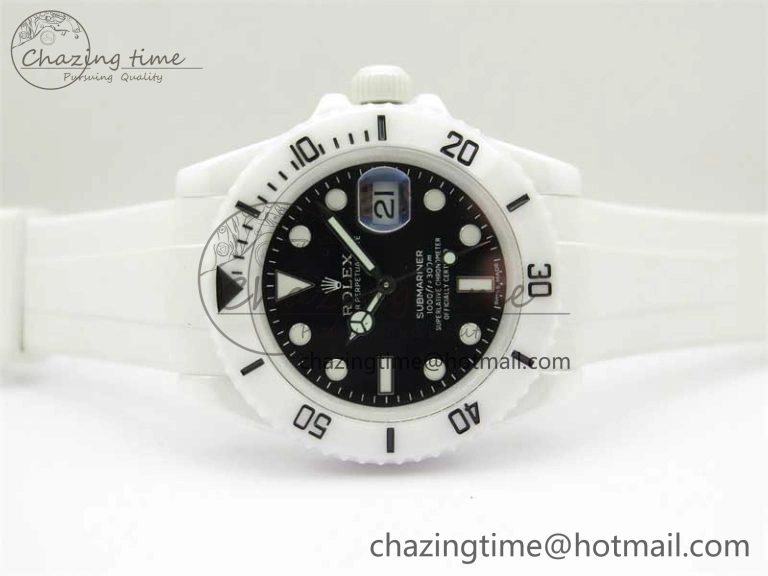 Submariner 40mm White Ceramic 5GF Best Edition Black Dial on White Rubber Strap SA3135