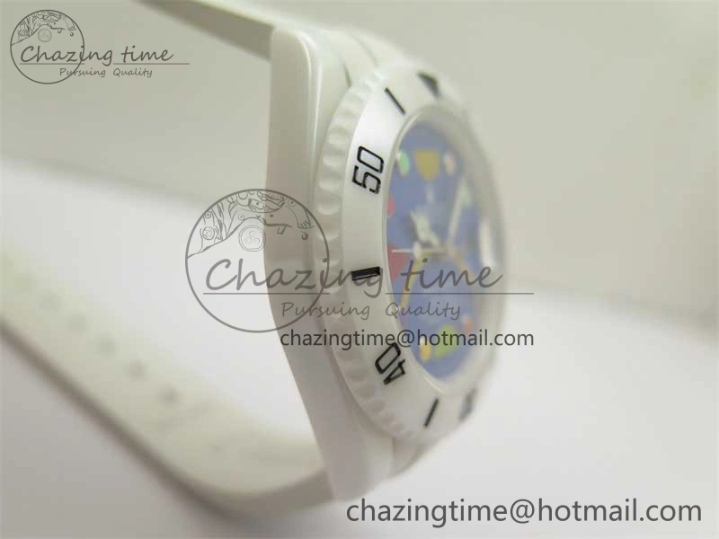 Submariner 40mm White Ceramic 5GF Best Edition Blue Rainbow Dial on White Rubber Strap SA3135
