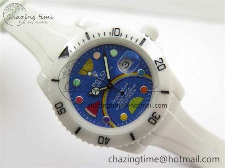 Submariner 40mm White Ceramic 5GF Best Edition Blue Rainbow Dial on White Rubber Strap SA3135