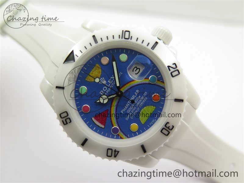Submariner 40mm White Ceramic 5GF Best Edition Blue Rainbow Dial on White Rubber Strap SA3135