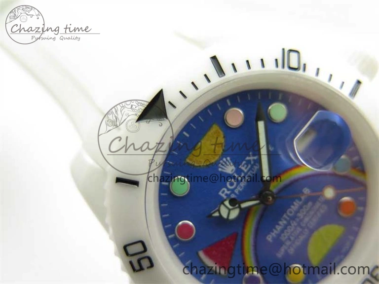 Submariner 40mm White Ceramic 5GF Best Edition Blue Rainbow Dial on White Rubber Strap SA3135
