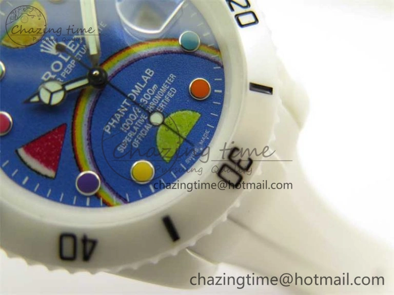 Submariner 40mm White Ceramic 5GF Best Edition Blue Rainbow Dial on White Rubber Strap SA3135