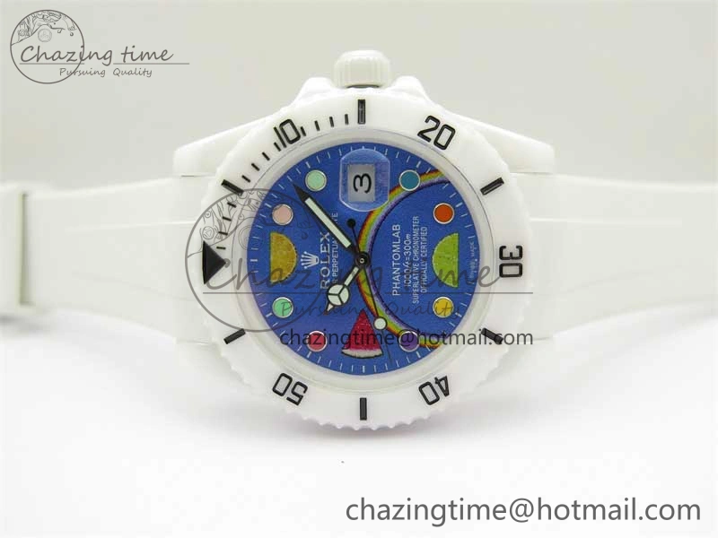 Submariner 40mm White Ceramic 5GF Best Edition Blue Rainbow Dial on White Rubber Strap SA3135