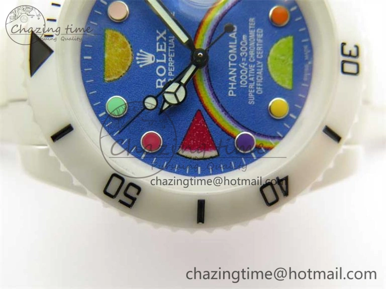 Submariner 40mm White Ceramic 5GF Best Edition Blue Rainbow Dial on White Rubber Strap SA3135