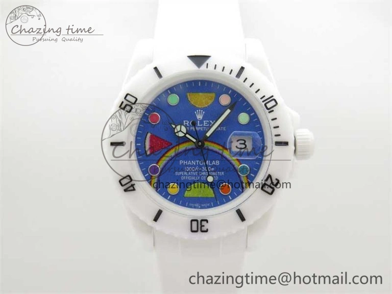 Submariner 40mm White Ceramic 5GF Best Edition Blue Rainbow Dial on White Rubber Strap SA3135