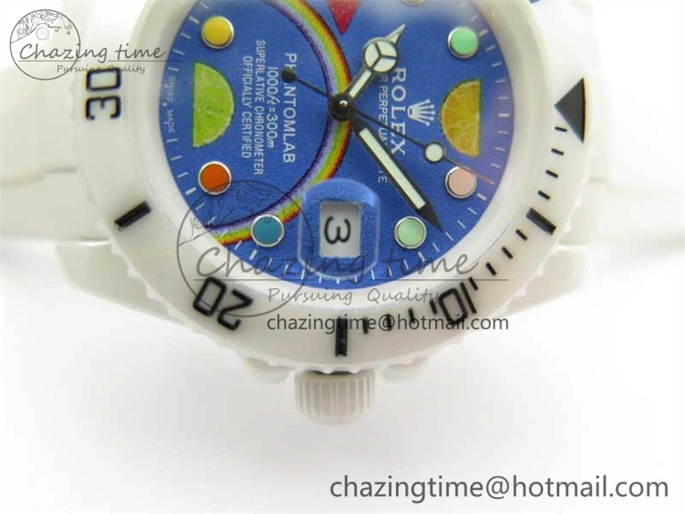 Submariner 40mm White Ceramic 5GF Best Edition Blue Rainbow Dial on White Rubber Strap SA3135