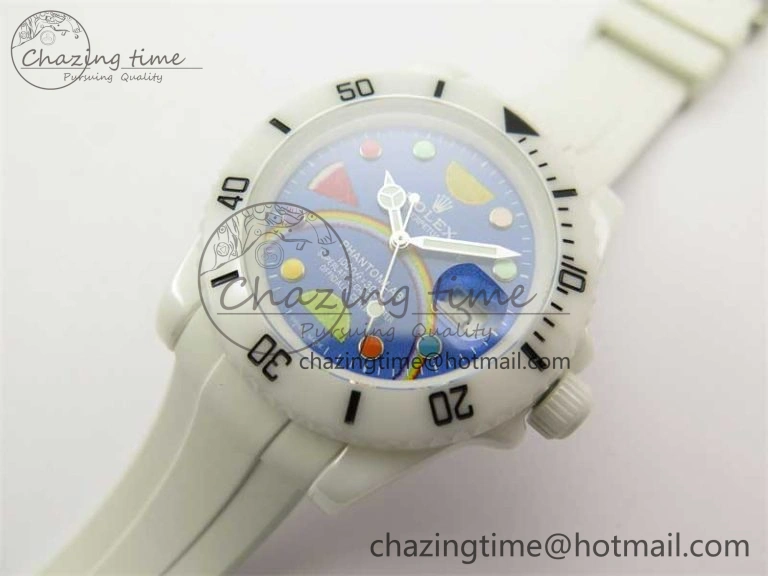 Submariner 40mm White Ceramic 5GF Best Edition Blue Rainbow Dial on White Rubber Strap SA3135