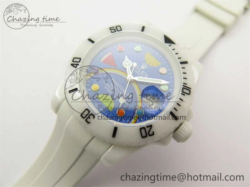Submariner 40mm White Ceramic 5GF Best Edition Blue Rainbow Dial on White Rubber Strap SA3135