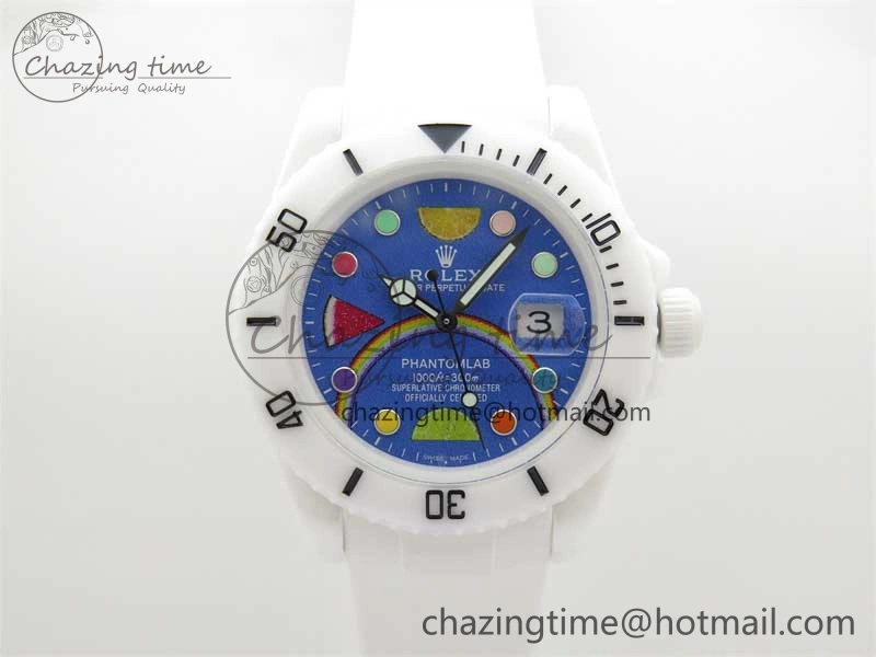 Submariner 40mm White Ceramic 5GF Best Edition Blue Rainbow Dial on White Rubber Strap SA3135