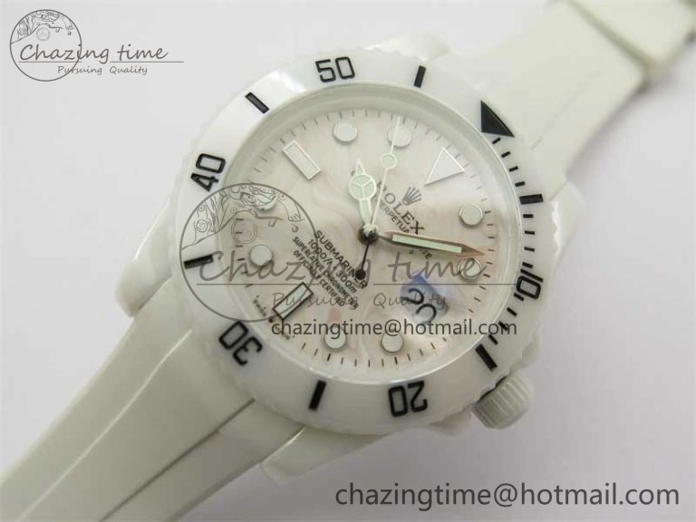 Submariner 40mm White Ceramic 5GF Best Edition Cream Dial on White Rubber Strap SA3135