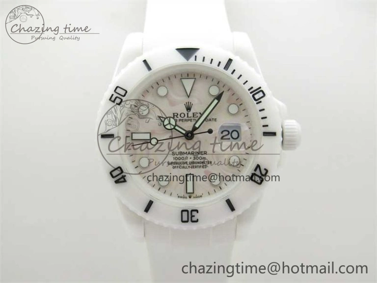 Submariner 40mm White Ceramic 5GF Best Edition Cream Dial on White Rubber Strap SA3135