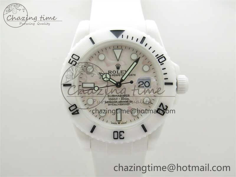 Submariner 40mm White Ceramic 5GF Best Edition Cream Dial on White Rubber Strap SA3135