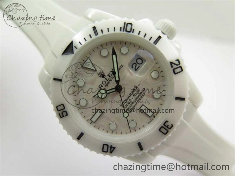 Submariner 40mm White Ceramic 5GF Best Edition Cream Dial on White Rubber Strap SA3135