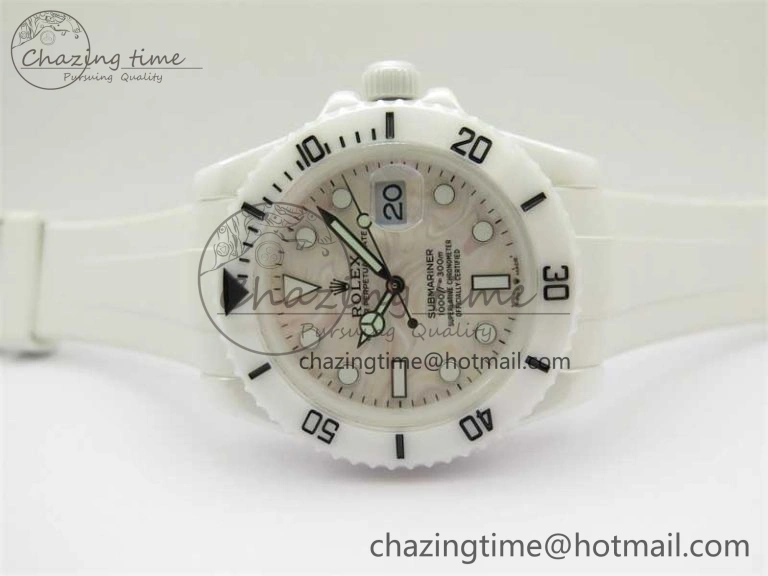 Submariner 40mm White Ceramic 5GF Best Edition Cream Dial on White Rubber Strap SA3135