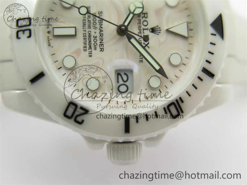 Submariner 40mm White Ceramic 5GF Best Edition Cream Dial on White Rubber Strap SA3135