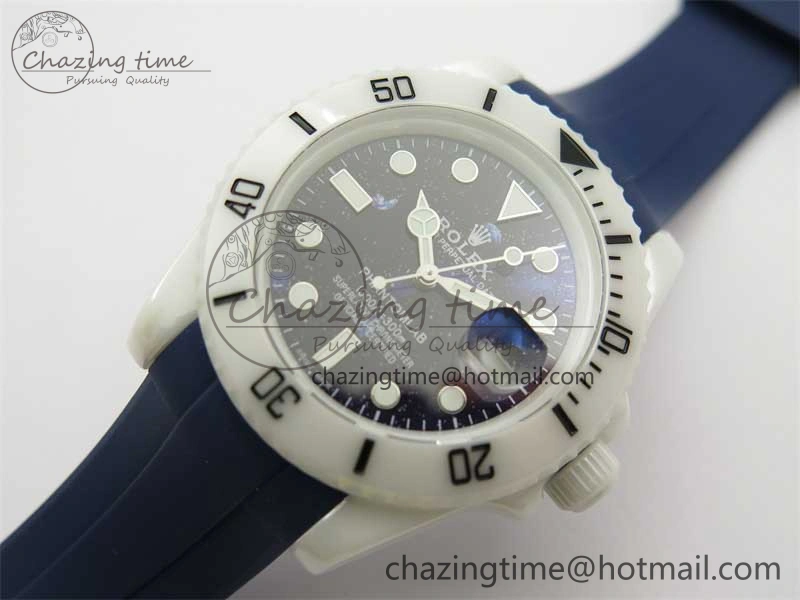 Submariner 40mm White Ceramic 5GF Best Edition Dark Blue Dial on Blue Rubber Strap SA3135