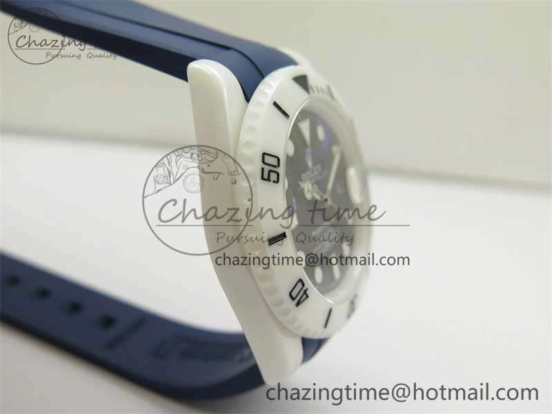 Submariner 40mm White Ceramic 5GF Best Edition Dark Blue Dial on Blue Rubber Strap SA3135
