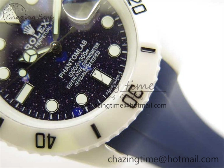 Submariner 40mm White Ceramic 5GF Best Edition Dark Blue Dial on Blue Rubber Strap SA3135