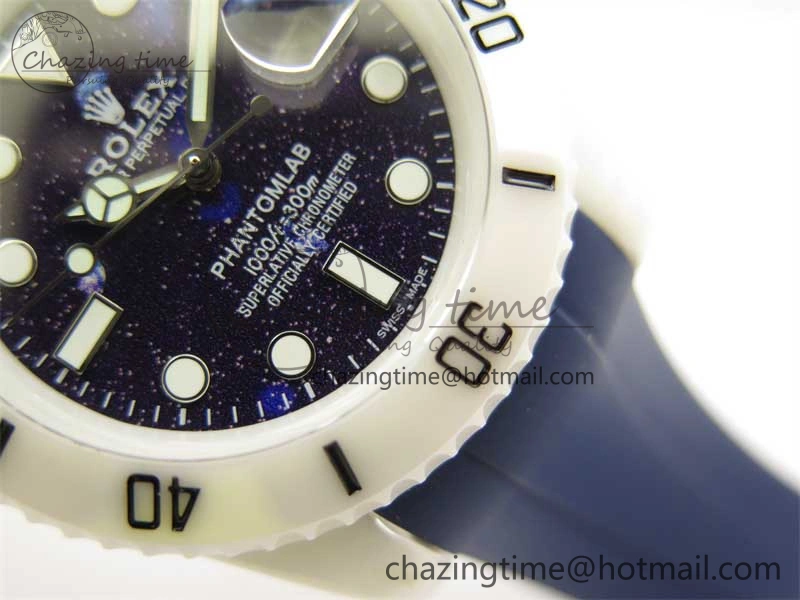 Submariner 40mm White Ceramic 5GF Best Edition Dark Blue Dial on Blue Rubber Strap SA3135