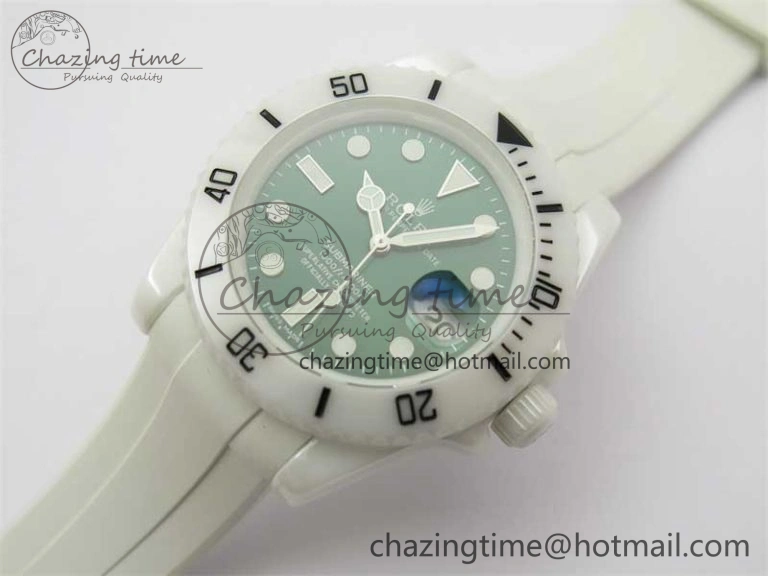 Submariner 40mm White Ceramic 5GF Best Edition Green Dial on White Rubber Strap SA3135