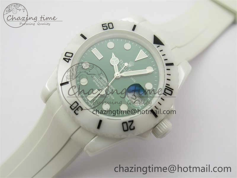 Submariner 40mm White Ceramic 5GF Best Edition Green Dial on White Rubber Strap SA3135