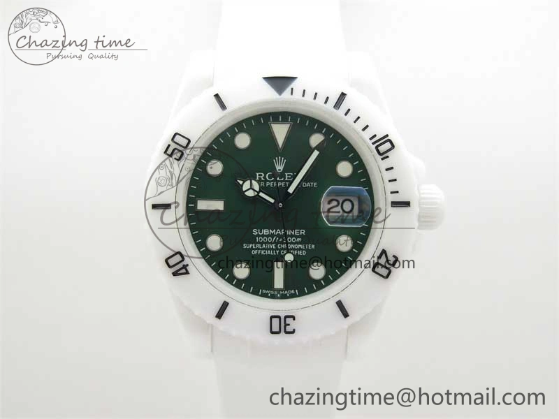 Submariner 40mm White Ceramic 5GF Best Edition Green Dial on White Rubber Strap SA3135