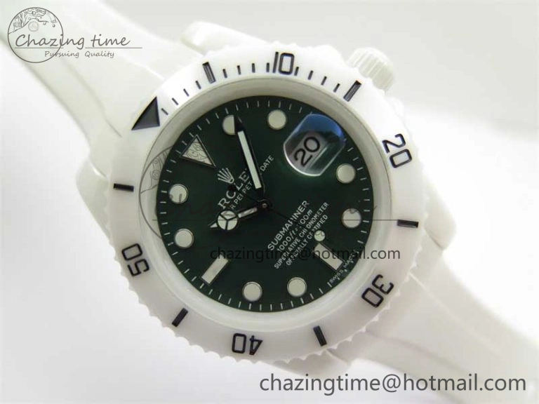 Submariner 40mm White Ceramic 5GF Best Edition Green Dial on White Rubber Strap SA3135