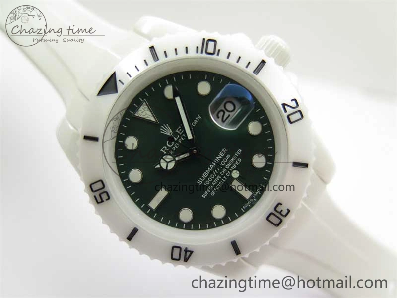 Submariner 40mm White Ceramic 5GF Best Edition Green Dial on White Rubber Strap SA3135
