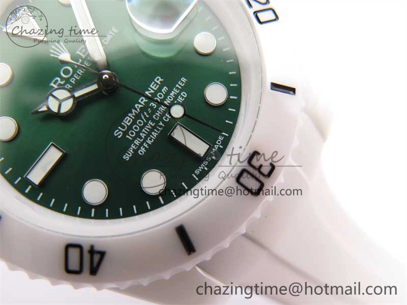 Submariner 40mm White Ceramic 5GF Best Edition Green Dial on White Rubber Strap SA3135