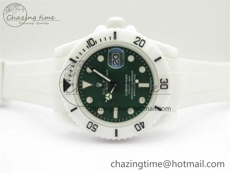 Submariner 40mm White Ceramic 5GF Best Edition Green Dial on White Rubber Strap SA3135