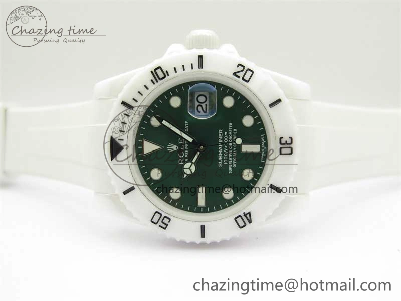 Submariner 40mm White Ceramic 5GF Best Edition Green Dial on White Rubber Strap SA3135