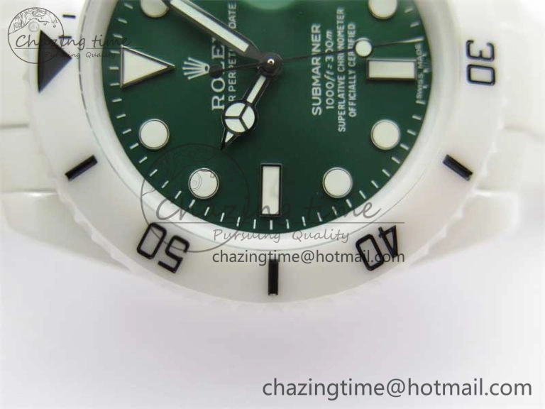 Submariner 40mm White Ceramic 5GF Best Edition Green Dial on White Rubber Strap SA3135