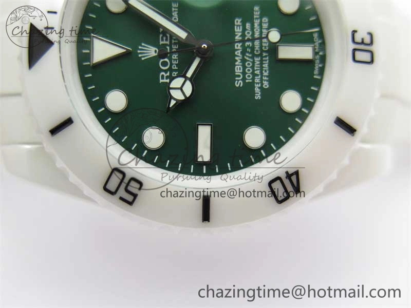 Submariner 40mm White Ceramic 5GF Best Edition Green Dial on White Rubber Strap SA3135