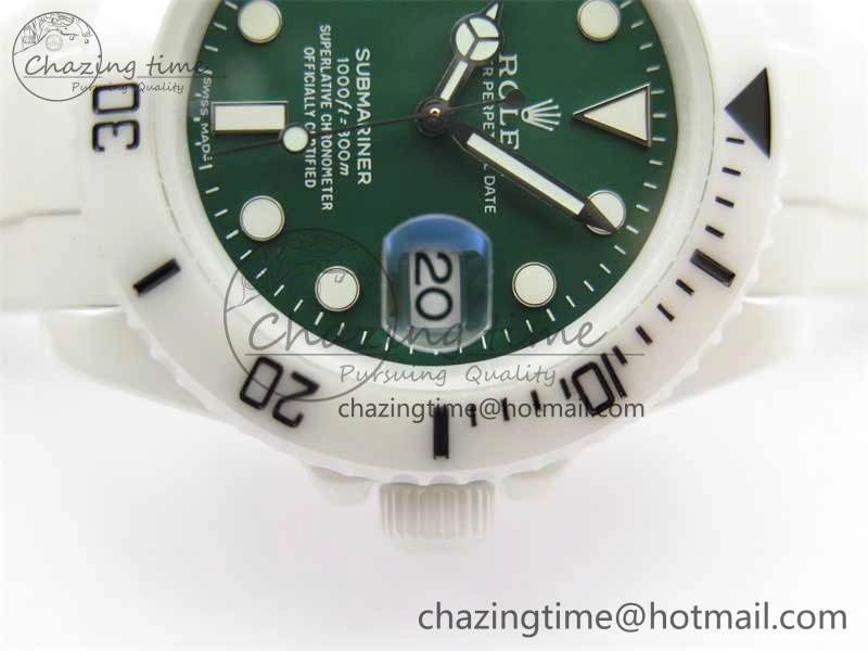 Submariner 40mm White Ceramic 5GF Best Edition Green Dial on White Rubber Strap SA3135