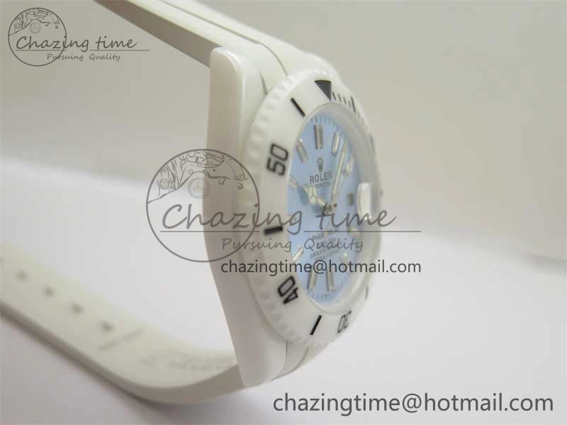 Submariner 40mm White Ceramic 5GF Best Edition Ice Blue Dial on White Rubber Strap SA3135