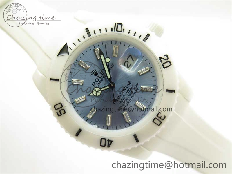 Submariner 40mm White Ceramic 5GF Best Edition Ice Blue Dial on White Rubber Strap SA3135