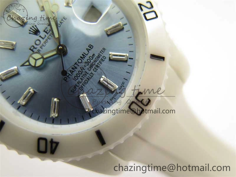Submariner 40mm White Ceramic 5GF Best Edition Ice Blue Dial on White Rubber Strap SA3135