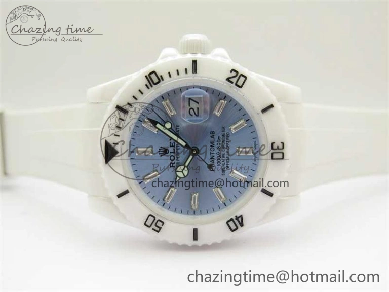 Submariner 40mm White Ceramic 5GF Best Edition Ice Blue Dial on White Rubber Strap SA3135