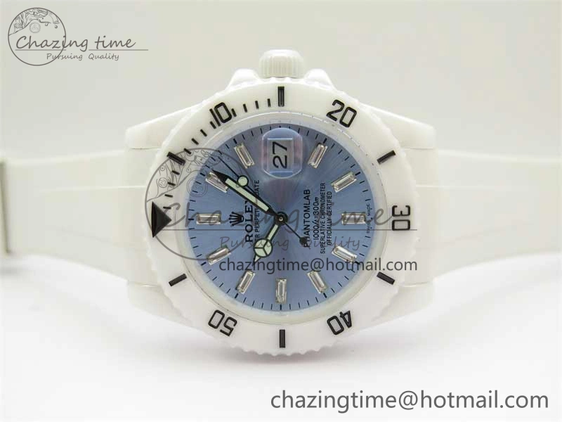 Submariner 40mm White Ceramic 5GF Best Edition Ice Blue Dial on White Rubber Strap SA3135
