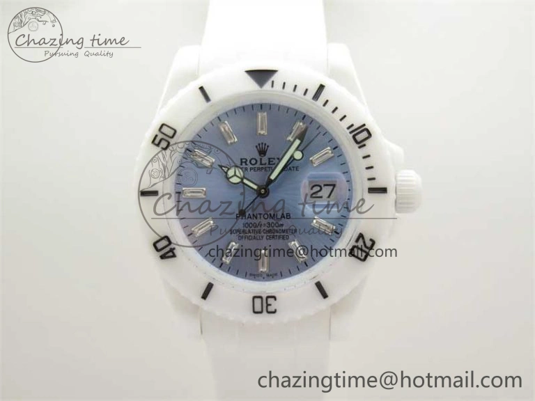 Submariner 40mm White Ceramic 5GF Best Edition Ice Blue Dial on White Rubber Strap SA3135