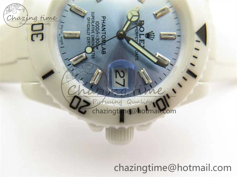 Submariner 40mm White Ceramic 5GF Best Edition Ice Blue Dial on White Rubber Strap SA3135