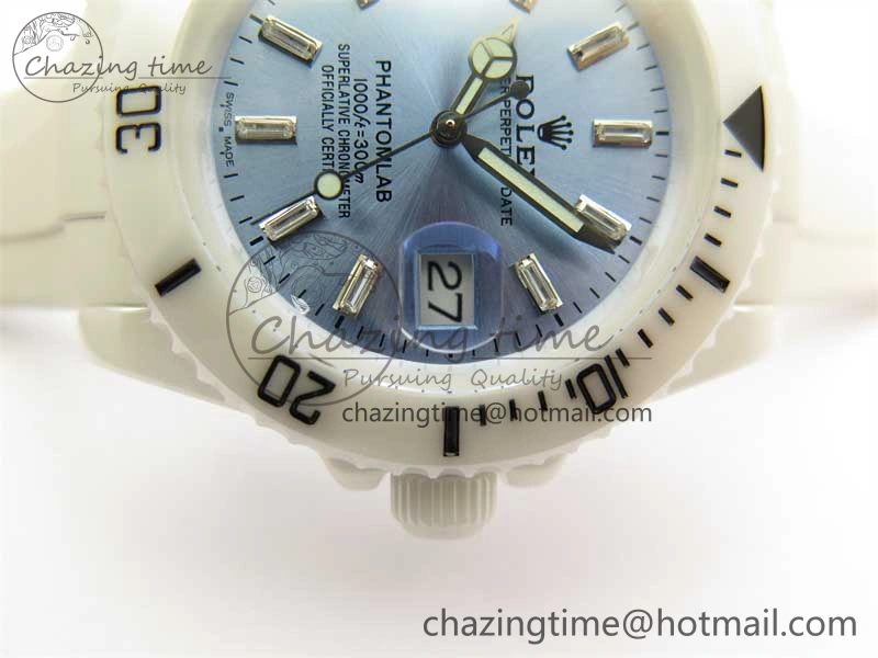 Submariner 40mm White Ceramic 5GF Best Edition Ice Blue Dial on White Rubber Strap SA3135