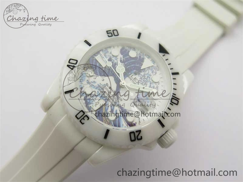 Submariner 40mm White Ceramic 5GF Best Edition Sea Painting Dial on White Rubber Strap SA3135