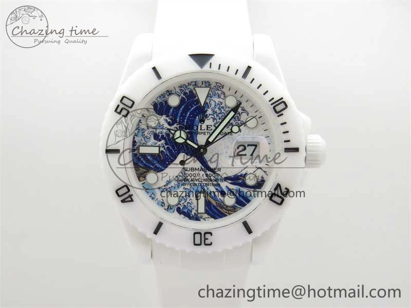 Submariner 40mm White Ceramic 5GF Best Edition Sea Painting Dial on White Rubber Strap SA3135