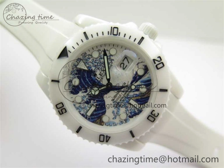 Submariner 40mm White Ceramic 5GF Best Edition Sea Painting Dial on White Rubber Strap SA3135