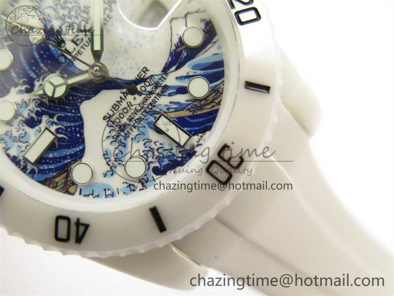 Submariner 40mm White Ceramic 5GF Best Edition Sea Painting Dial on White Rubber Strap SA3135